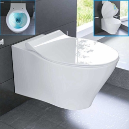 Spülrandloses Hänge WC Keramik Toilette ohne Spülrand inkl. Duroplast WC-Sitz mit Soft-Close / Quick Release Funktion passend zu GEBERIT -